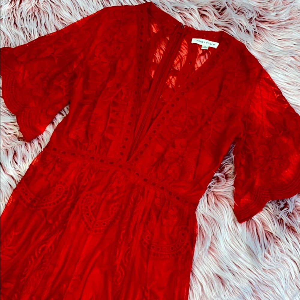 Honey Pinch Red Lace Romper